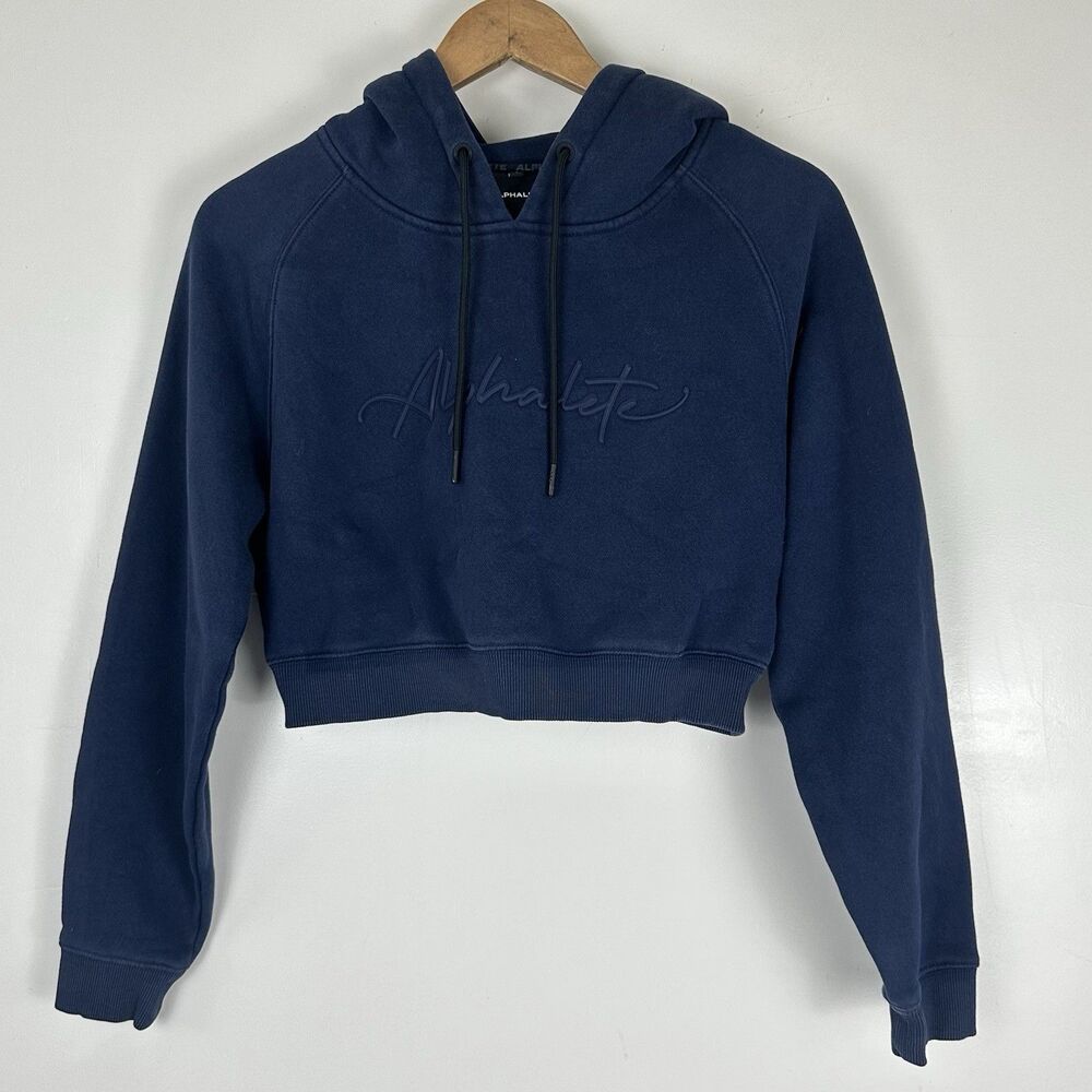 Alphalete Cropped Blue Hoodie Sweatshirt Logo Size Small Fleece Workout Lounge